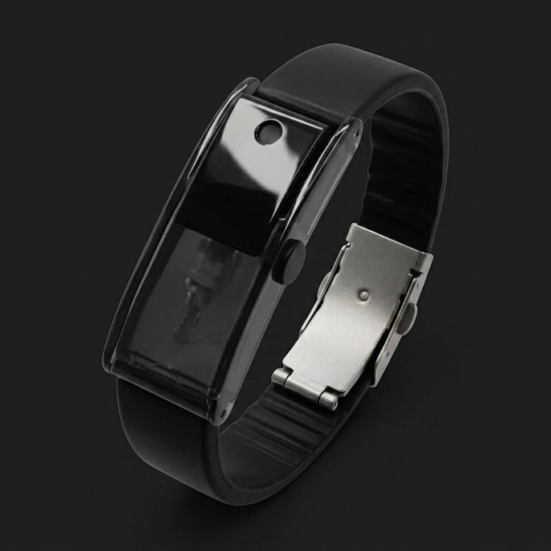 Baswick black refillable perfume bracelet with sprayer button and buckle clasp on dark background.