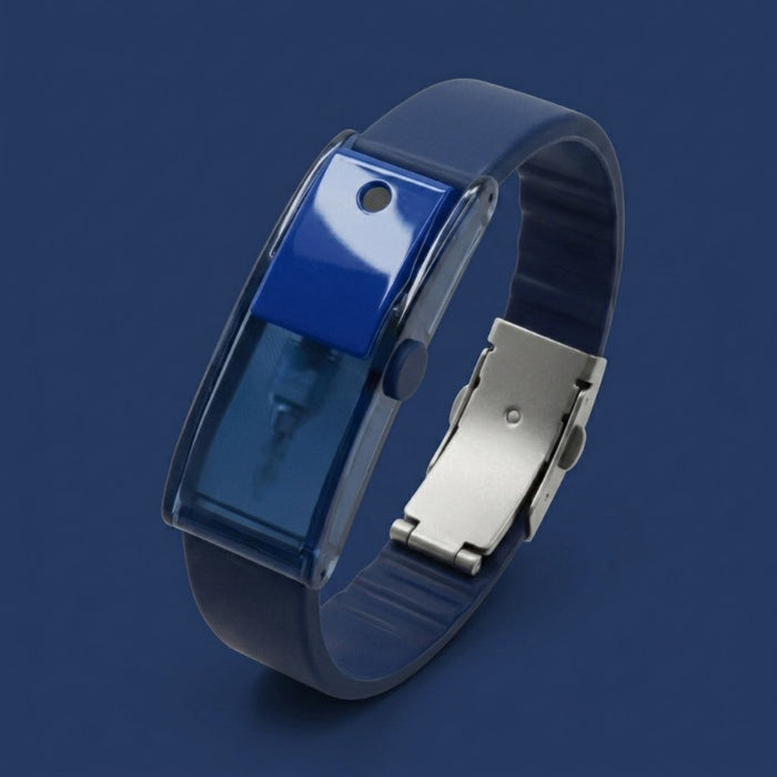 Baswick blue refillable perfume bracelet with sprayer button and buckle clasp on blue background.