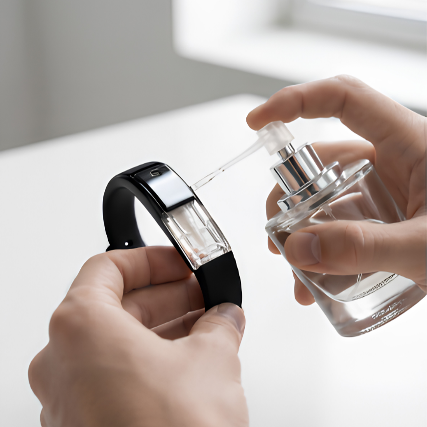 Filling the Baswick black perfume bracelet reservoir with a spray of fragrance from a bottle
