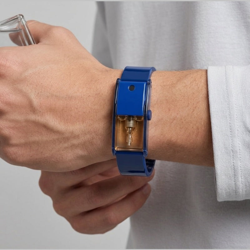 Man wearing Baswick blue refillable perfume bracelet on wrist, visible fragrance reservoir with atomizer.