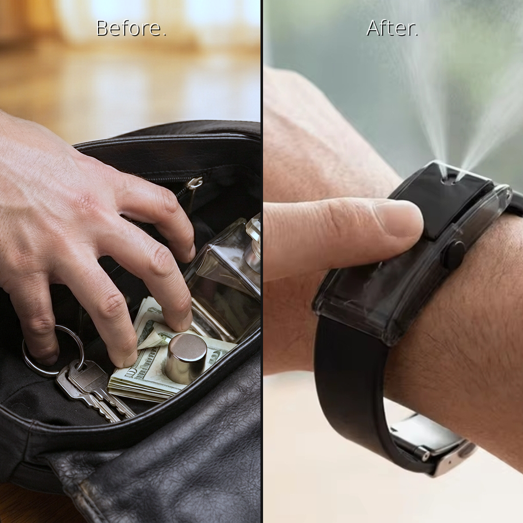 Before and after comparison: cluttered handbag with perfume bottle versus Baswick bracelet spraying fragrance on wrist.