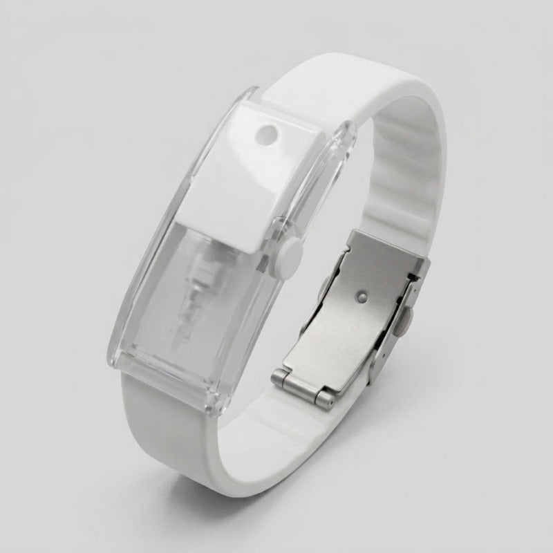 Baswick white refillable perfume bracelet with sprayer button and buckle clasp on light background.